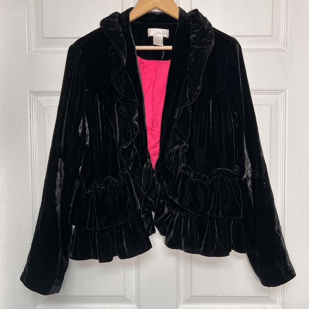 VNT Spiegel Woman 12 Black Velvet Pink Lined Ruffle Collar Jacket Witchy Gothic
